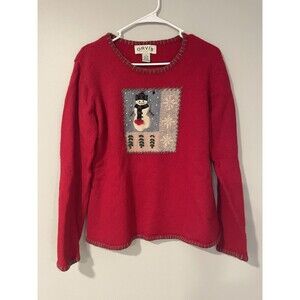 Orvis Womens 100% Wool Medium Snowman Christmas Sweater Embroidered Red SEE DESC